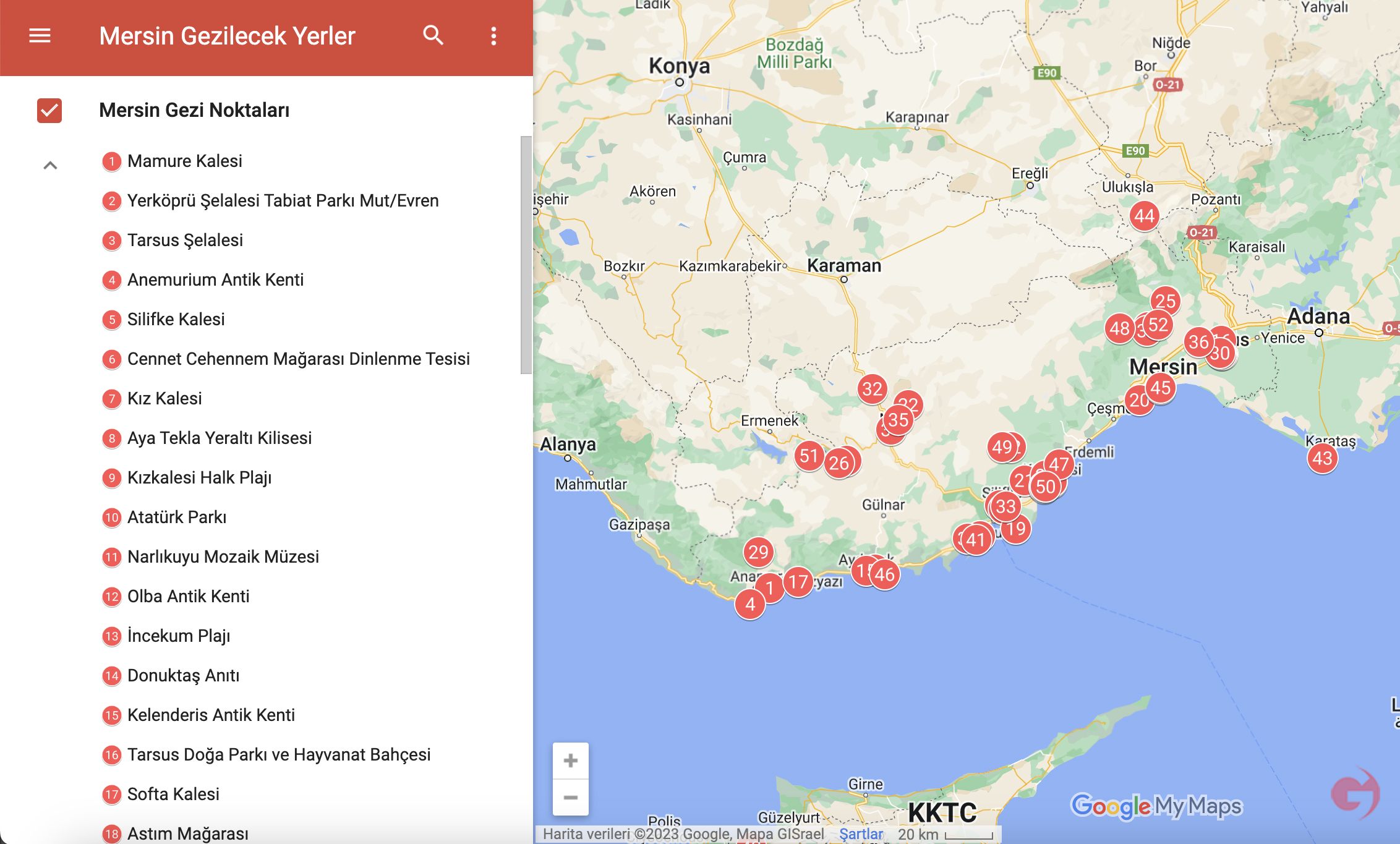 Mersin - mersin gezilecek yerler listesi harita Mersin Gezilecek Yerler Listesi